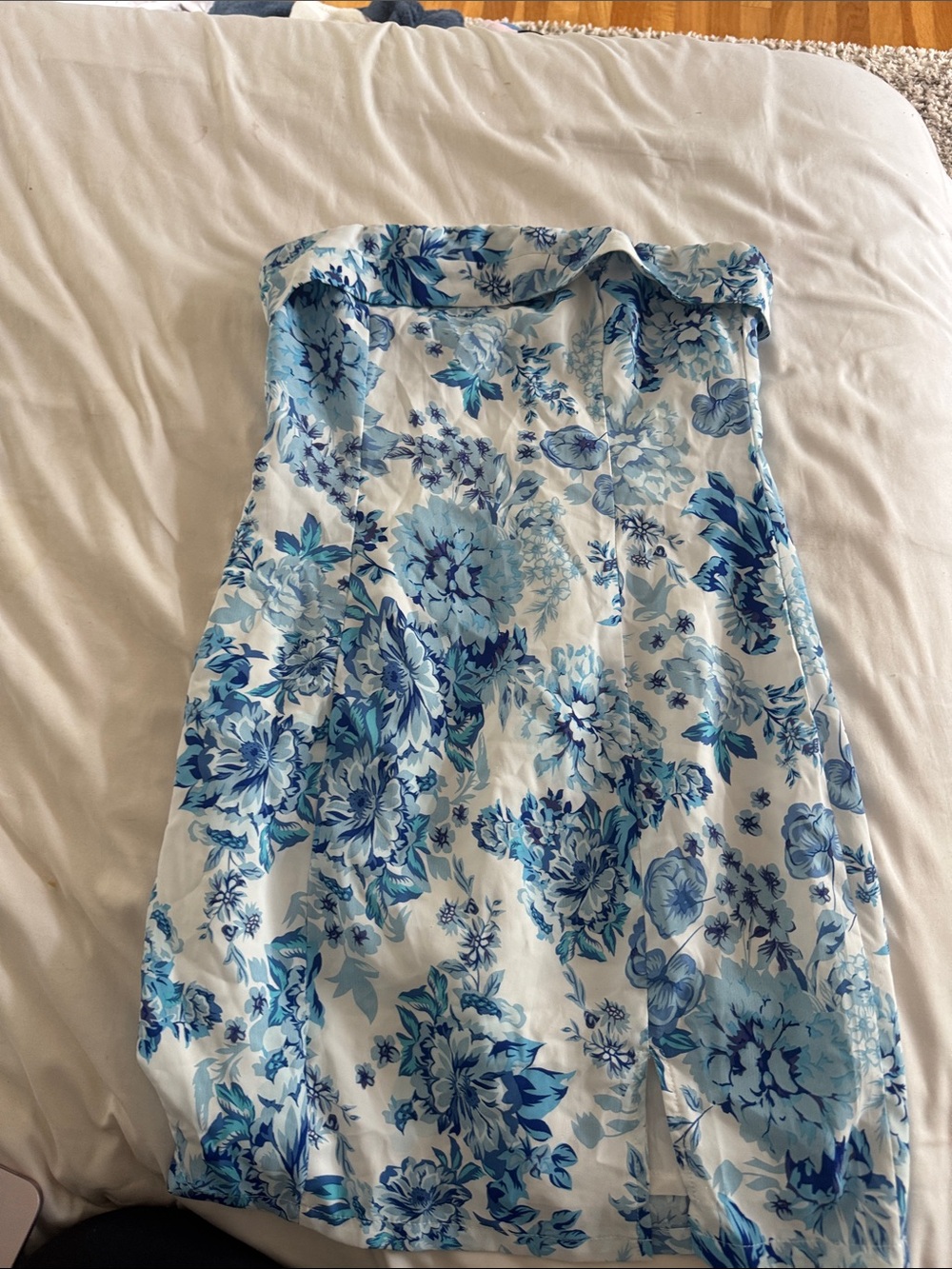 Floral Blue Strapless Summer Dress